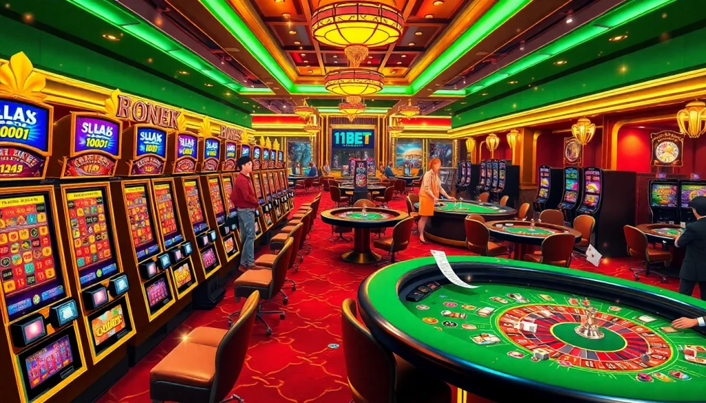 Experience the thrill of 11BET in a vibrant casino setting with gaming tables and slot machines.